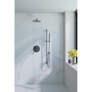 Fortifura Calvi Inbouw Regendoucheset - rond - thermostatisch - wandarm - glijstang - 25cm hoofddouche - staaf handdouche - gladde doucheslang - Geborsteld Gunmetal PVD SW720563/SW720556/SW1159495/SW721165/SW767491/SW11