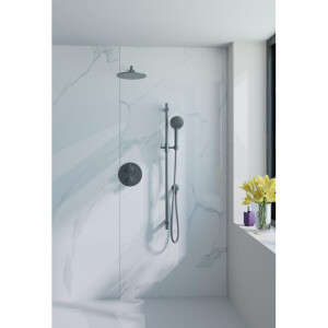 Fortifura Calvi Inbouw Regendoucheset - rond - thermostatisch - wandarm - glijstang - 25cm hoofddouche - handdouche rond - gladde doucheslang - Geborsteld Gunmetal PVD SW720556/SW720563/SW721165/SW721170/SW1183047/SW76
