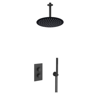 Fortifura Calvi Inbouw Regendoucheset - thermostatisch - plafondarm - 25cm hoofddouche - staaf handdouche - metalen doucheslang - mat zwart SW721167 SW377853 SW720553 SW542644 SW706203 SW496