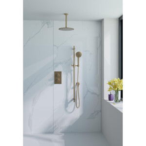 Fortifura Calvi Inbouw Regendoucheset - thermostatisch - plafondarm - glijstang - 25cm hoofddouche - ronde handdouche - gladde doucheslang - Geborsteld Messing PVD (Goud) SW728176/SW720555/SW720557/SW720569/SW721169/SW767
