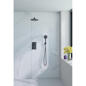 Fortifura Calvi Inbouw Regendoucheset - thermostatisch - wandarm - 25cm hoofddouche - ronde handdouche - metalen doucheslang - mat zwart SW706203/SW720553/SW720560/SW542644/SW721167