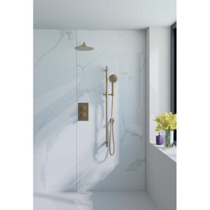 Fortifura Calvi Inbouw Regendoucheset - thermostatisch - wandarm - glijstang - 30cm hoofddouche - ronde handdouche - metalen doucheslang - geborsteld Messing PVD (Goud) SW706206/SW1139122/SW720562/SW720569/SW1159494/SW7