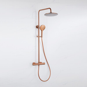 Fortifura Calvi Regendoucheset - thermostatisch - 25cm hoofddouche - gladde slang - ronde handdouche - Geborsteld koper PVD (Koper) SW1159502 SW970047 SW799407