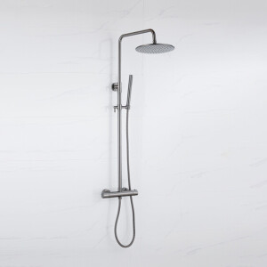 Fortifura Calvi Regendoucheset - thermostatisch - 25cm hoofddouche - metalen slang - staaf handdouche - Geborsteld Gunmetal PVD SW1159500