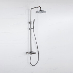 Fortifura Calvi Regendoucheset - thermostatisch - 30cm hoofddouche - gladde slang - staaf handdouche - Geborsteld Gunmetal PVD SW1159500 SW1139123 SW721165