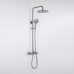Fortifura Calvi Regendoucheset - thermostatisch - 30cm hoofddouche - metalen slang - ronde handdouche - Geborsteld Gunmetal PVD SW1159500 SW1139123 SW799451