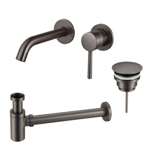 Fortifura Calvi Slim Wastafelkraanset - inbouw wastafelkraan - always open plug - verlaagde design sifon - Geborsteld Gunmetal PVD SW766534/SW769487/SW767295
