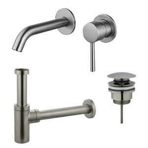 Fortifura Calvi Slim Wastafelkraanset - inbouw wastafelkraan - klikwaste plug - design sifon - Geborsteld RVS PVD (RVS) SW377860/SW696201/SW696212