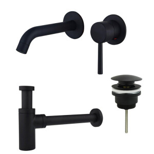 Fortifura Calvi Slim Wastafelkraanset - inbouw wastafelkraan - klikwaste plug - design sifon - Mat zwart SW377837/SW696199/SW696210