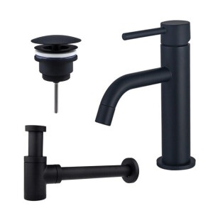 Fortifura Calvi Slim Wastafelkraanset - lage wastafelkraan - always open plug - verlaagde design sifon - Mat zwart SW377835/SW696205/SW696215