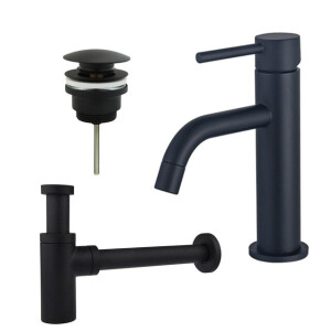 Fortifura Calvi Slim Wastafelkraanset - lage wastafelkraan - klikwaste plug - design sifon - Mat zwart SW377835/SW696199/SW696210