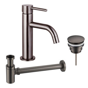 Fortifura Calvi Slim Wastafelkraanset - lage wastafelkraan - klikwaste plug - verlaagde design sifon - Geborsteld Gunmetal PVD SW766538/SW767288/SW767295