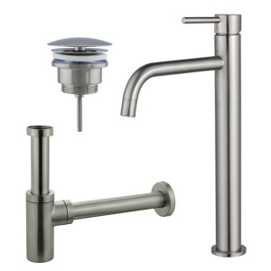 Fortifura Calvi Slim Wastafelkraanset - verhoogde wastafelkraan - always open plug - design sifon - Geborsteld RVS PVD (RVS) SW377859/SW696207/SW696212