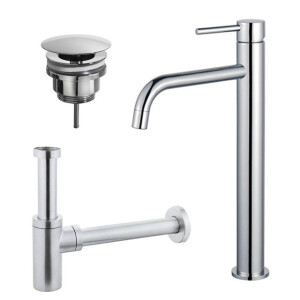 Fortifura Calvi Slim Wastafelkraanset - verhoogde wastafelkraan - always open plug - design sifon - Chroom SW377813/SW696209/SW696214