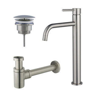 Fortifura Calvi Slim Wastafelkraanset - verhoogde wastafelkraan - always open plug - verlaagde design sifon - Geborsteld RVS PVD (RVS) SW377859/SW696207/SW696217