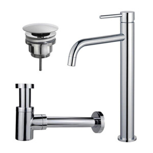Fortifura Calvi Slim Wastafelkraanset - verhoogde wastafelkraan - always open plug - verlaagde design sifon - Chroom SW377813/SW696209/SW696219