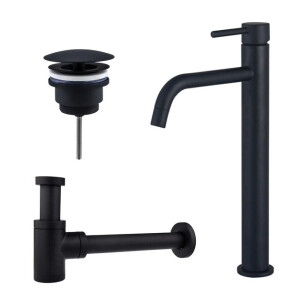 Fortifura Calvi Slim Wastafelkraanset - verhoogde wastafelkraan - always open plug - verlaagde design sifon - Mat zwart SW377836/SW696205/SW696215