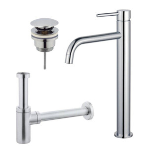 Fortifura Calvi Slim Wastafelkraanset - verhoogde wastafelkraan - klikwaste plug - design sifon - Chroom SW377813/SW696203/SW696209/SW696214