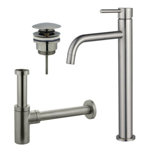 Fortifura Calvi Slim Wastafelkraanset - verhoogde wastafelkraan - klikwaste plug - design sifon - Geborsteld RVS PVD (RVS) SW377859/SW696201/SW696212