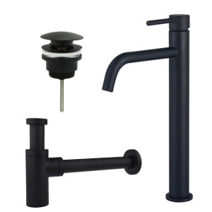 Fortifura Calvi Slim Wastafelkraanset - verhoogde wastafelkraan - klikwaste plug - design sifon - Mat zwart SW377836/SW696199/SW696210