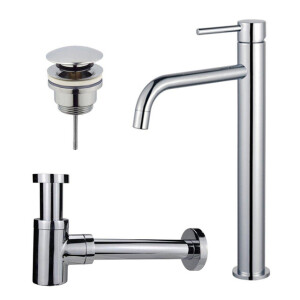 Fortifura Calvi Slim Wastafelkraanset - verhoogde wastafelkraan - klikwaste plug - verlaagde design sifon - Chroom SW377813/SW696203/SW696219