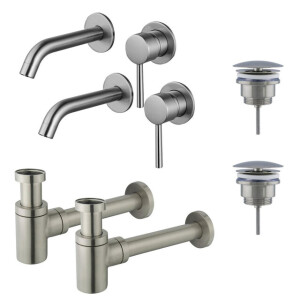 Fortifura Calvi Slim Wastafelkraanset - voor dubbele wastafel - inbouw wastafelkraan - always open plug - verlaagde design sifon - Geborsteld RVS PVD (RVS) 2x SW377860/2x SW696207/2x SW696217