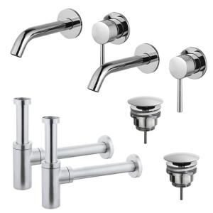 Fortifura Calvi Slim Wastafelkraanset - voor dubbele wastafel - inbouw wastafelkraan - always open plug - design sifon - Chroom 2x SW377814/2x SW696209/2x SW696214