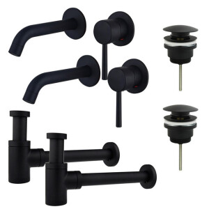 Fortifura Calvi Slim Wastafelkraanset - voor dubbele wastafel - inbouw wastafelkraan - klikwaste plug - verlaagde design sifon - Mat zwart 2x SW377837/2x SW696199/2x SW696215