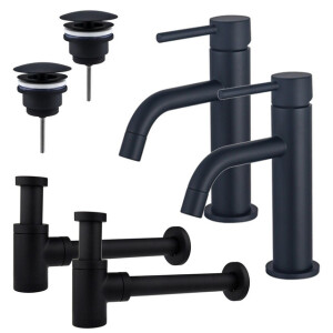 Fortifura Calvi Slim Wastafelkraanset - voor dubbele wastafel - lage wastafelkraan - always open plug - verlaagde design sifon - Mat zwart 2x SW377835/2x SW696205/2x SW696215