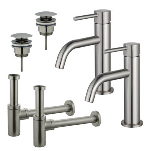 Fortifura Calvi Slim Wastafelkraanset - voor dubbele wastafel - lage wastafelkraan - klikwaste plug - design sifon - Geborsteld RVS PVD (RVS) 2x SW377858/2x SW696201/2x SW696212