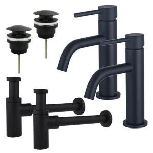 Fortifura Calvi Slim Wastafelkraanset - voor dubbele wastafel - lage wastafelkraan - klikwaste plug - design sifon - Mat zwart 2x SW377835/2x SW696199/2x SW696210