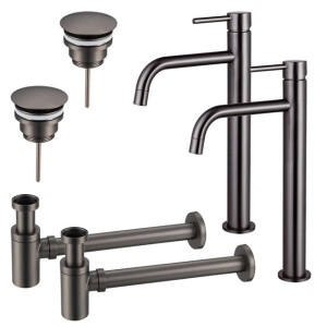 Fortifura Calvi Slim Wastafelkraanset - voor dubbele wastafel - verhoogde wastafelkraan - always open plug - verlaagde design sifon - Geborsteld Gunmetal PVD 2x SW766539/2x SW769487/2x SW767295