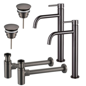Fortifura Calvi Slim Wastafelkraanset - voor dubbele wastafel - verhoogde wastafelkraan - always open plug - design sifon - Geborsteld Gunmetal PVD 2x SW766539/2x SW769487/2x SW767297