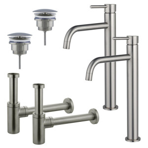 Fortifura Calvi Slim Wastafelkraanset - voor dubbele wastafel - verhoogde wastafelkraan - always open plug - design sifon - Geborsteld RVS PVD (RVS) 2x SW377859/2x SW696207/2x SW696212