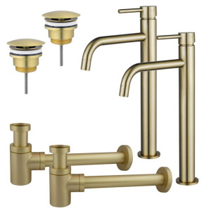 Fortifura Calvi Slim Wastafelkraanset - voor dubbele wastafel - verhoogde wastafelkraan - always open plug - verlaagde design sifon - Geborsteld Messing PVD (Goud) 2x SW720546/2x SW696208/2x SW696218