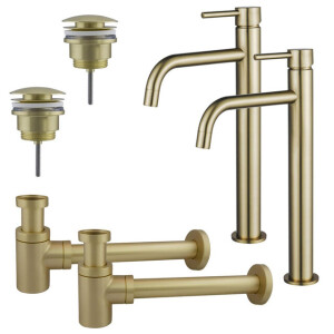 Fortifura Calvi Slim Wastafelkraanset - voor dubbele wastafel - verhoogde wastafelkraan - klikwaste plug - verlaagde design sifon - Geborsteld Messing PVD (Goud) 2x SW720546/2x SW696202/2x SW696218