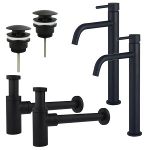 Fortifura Calvi Slim Wastafelkraanset - voor dubbele wastafel - verhoogde wastafelkraan - klikwaste plug - design sifon - Mat zwart 2x SW377836/2x SW696199/2x SW696210