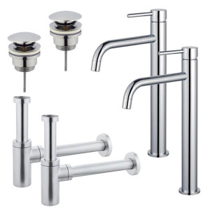 Fortifura Calvi Slim Wastafelkraanset - voor dubbele wastafel - verhoogde wastafelkraan - klikwaste plug - design sifon - Chroom 2x SW377813/2x SW696203/2x SW696214