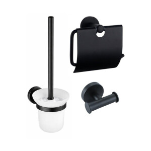 Fortifura Calvi Toiletset 3-delig - toiletrolhouder met klep - toiletborstel - handdoekhaak dubbel rond - Mat Zwart SW1183143 SW1211594 SW639936