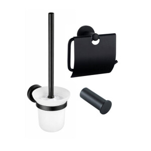 Fortifura Calvi Toiletset 3-delig - toiletrolhouder met klep - toiletborstel - handdoekhaak enkel rond - Mat Zwart SW1183143 SW1211586 SW639936