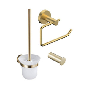 Fortifura Calvi Toiletset 3-delig - toiletrolhouder zonder klep - toiletborstel - handdoekhaak enkel rond - Geborsteld Messing PVD (Goud) SW639938 SW1211588 SW639940