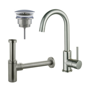 Fortifura Calvi Wastafelkraanset - hoge wastafelkraan - draaibare uitloop - always open plug - design sifon - Geborsteld RVS PVD (RVS) SW809348/SW696207/SW696212