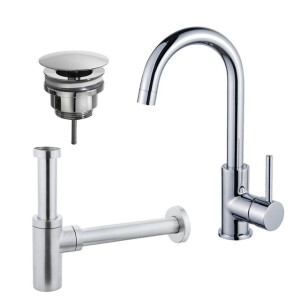 Fortifura Calvi Wastafelkraanset - hoge wastafelkraan - draaibare uitloop - always open plug - design sifon - Chroom SW809346/SW696209/SW696214