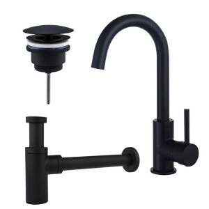 Fortifura Calvi Wastafelkraanset - hoge wastafelkraan - draaibare uitloop - always open plug - design sifon - Mat zwart SW809347/SW696205/SW696210