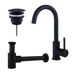 Fortifura Calvi Wastafelkraanset - hoge wastafelkraan - draaibare uitloop - always open plug - verlaagde design sifon - Mat zwart SW809347/SW696205/SW696215