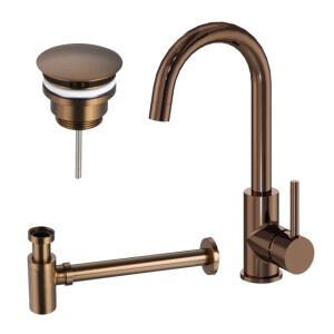 Fortifura Calvi Wastafelkraanset - hoge wastafelkraan - draaibare uitloop - always open plug - verlaagde design sifon - Geborsteld koper PVD (Koper) SW799403 / SW799405 / SW970035