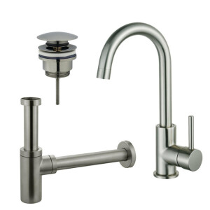 Fortifura Calvi Wastafelkraanset - hoge wastafelkraan - draaibare uitloop - klikwaste plug - design sifon - Geborsteld RVS PVD (RVS) SW809348/SW696201/SW696212