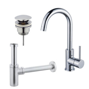 Fortifura Calvi Wastafelkraanset - hoge wastafelkraan - draaibare uitloop - klikwaste plug - design sifon - Chroom SW809346/SW696203/SW696214