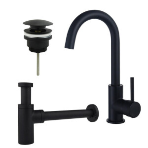 Fortifura Calvi Wastafelkraanset - hoge wastafelkraan - draaibare uitloop - klikwaste plug - design sifon - Mat zwart SW809347/SW696199/SW696210