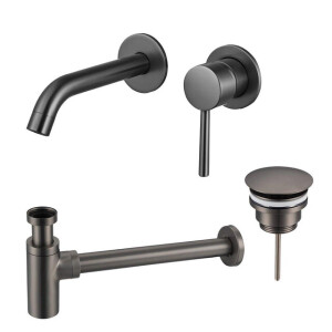 Fortifura Calvi Wastafelkraanset - inbouw wastafelkraan - always open plug - design sifon - Geborsteld Gunmetal PVD SW766534/SW769487/SW767297